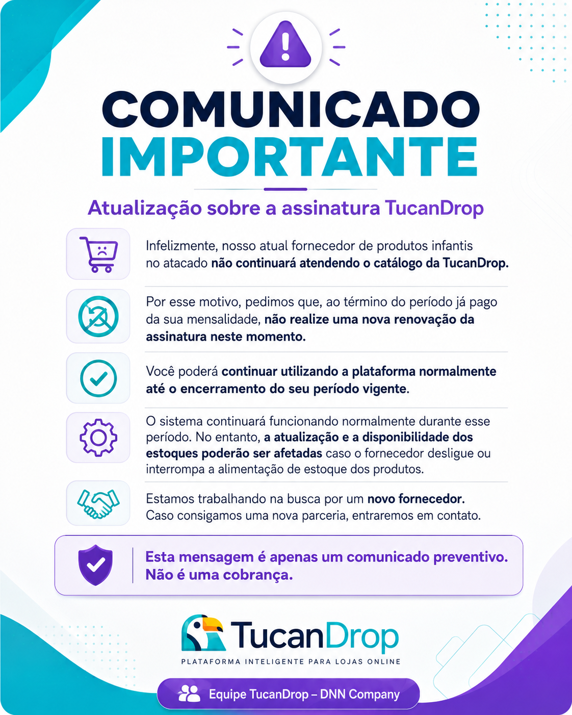 Comunicado importante da TucanDrop sobre a assinatura e o fornecedor infantil